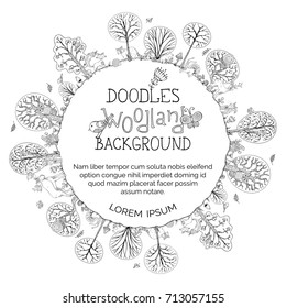 Doodles woodland background. Vector hand-drawn wild animals and forest plants. Moose, hedgehog, raccoon, hare, fox, deer, owl. Trees, bushes and leaves, mushrooms. Can be used in colouring book.