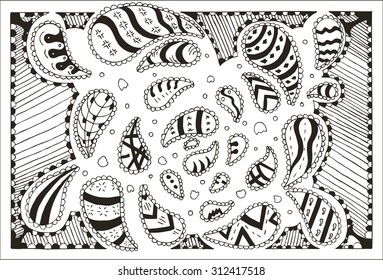 Doodles, zentangle stylized, vector, illustration, pattern, freehand pencil, flowers, petals, background, black and white