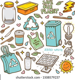 doodles zero waste hand drawn coloring vector illustration