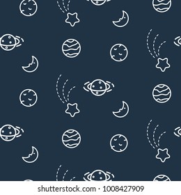 Doodlescosmos planets dark blue seamless vector pattern. Icon solar system galaxy texture.