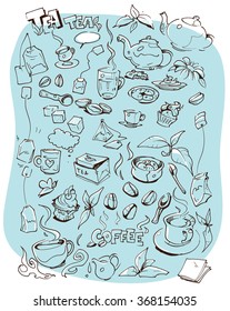 Doodle,set of tea and coffe drawings, handmade sketches