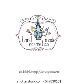 Doodles.Hand made cosmetics logo,badges.Vector perfumes Icon.Colored hand drawing sketch.Vintage logotypes,labels,frame,bottle,flowers.Design template.
