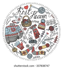 Doodles.Hand made needlework circle composition.Knitting  wear,yarn, hand made supplies.Winter fashion.Colored hand drawing sketch.Vintage label.Vector  Design template,background.Christmas season