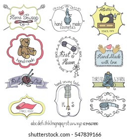 Doodles.Hand made needlework logo,badges.Sewing,knitting.Icons set.Colored hand drawing sketch.Vintage logotypes,labels.Vector hand made supplies,knitt equipment.Design template.