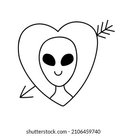 A doodle-style alien in love. Contour vector drawing of a cute extraterrestrial humanoid. Space Character