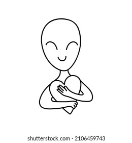 A doodle-style alien in love. Contour vector drawing of a cute extraterrestrial humanoid. Space Character