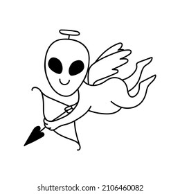 A doodle-style alien in love. Contour vector drawing of a cute extraterrestrial humanoid. Space Character