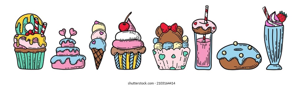 A doodle-style banner. Dessert banner. Ice cream vector. Dessert banner. Homemade white cake. Cup cakes isolated. Print for fabric, packaging, label, postcard, print.  Dessert set cartoon