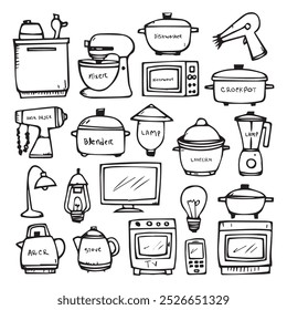 A doodle-style black and white drawing of a variety of household appliances.