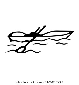 Un barco de estilo doodle con remos en las olas, aislado en un fondo blanco.Ilustración vectorial.