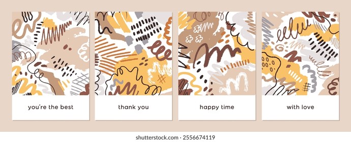 Doodle-style cards set. Abstract freehand shapes, modern patterns, vertical backgrounds for print. Poster, postcard designs, typography with sketch elements, phrases. Flat vector illustration