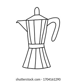 A Doodle-style coffee pot.Coffee-maker. black and white image.Outline drawing.The picture of the hand.Vector