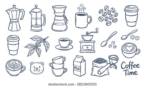 Doodle-style collection of coffee-related items: Moka pot, French press, pour over brewer, steaming cup, roasted beans, disposable cup, coffee plant, spoon, sugar cubes, latte art, coffee grinder, milk carton, and coffee sack.