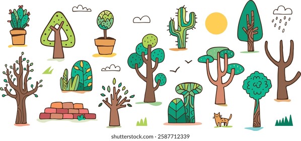 Doodle-style collection of hand-drawn trees, illustration for cartoon design, communication for horticulturists, garden design or nature and forest preservation