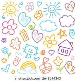 A doodle-style colorful illustration filled with childlike drawings such as suns, clouds, flowers, cats, houses, rainbows, and other playful elements. The overall aesthetic is joyful and sketchy.

