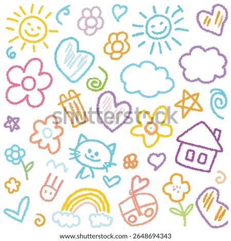 A doodle-style colorful illustration filled with childlike drawings such as suns, clouds, flowers, cats, houses, rainbows, and other playful elements. The overall aesthetic is joyful and sketchy.

