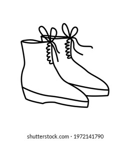 Doodle-style contour-drawn lace-up ankle boots. Warm winter shoes. Vector illustration.