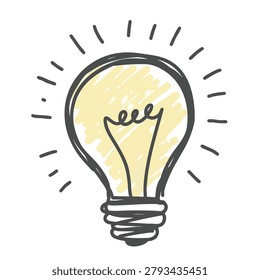 A doodle-style drawing of a glowing light bulb, representing innovation and inspiration.