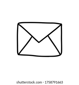 Doodle-style envelope isolated on a white background. Outline image of the message. Concept of SMS messages. Vector illustration.