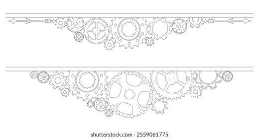 Doodle-style frame and corner with hand-drawn colorful gear mechanism, symbolizing business ideas, teamwork, and steady progress.