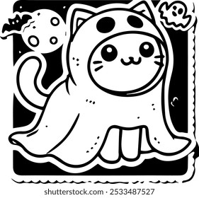 Gato de Halloween al estilo Doodle vestido como un fantasma, con ojos y orejas asomándose a través de una sábana. Rodeado de divertidos Elementos de Halloween como murciélagos, calabazas y luna llena.