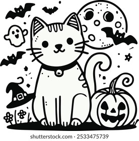 Doodle-style Halloween cat with playful lines, surrounded by bats, pumpkins, and a full moon.