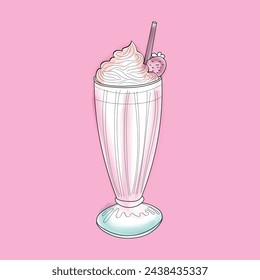 A doodle-style handpainted watercolor illustration of a milkshake placed against a soft pink background. The milkshake is portrayed in a fun manner, with vibrant colors and charming details