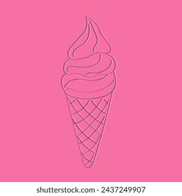 A doodle-style ice cream cone is pictured on a bright pink background. The cone is filled with swirls of ice cream in pastel colors, creating a playful and delicious image