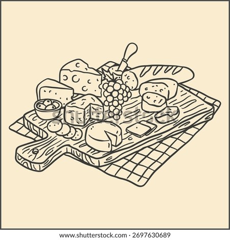 Doodle-style illustration of a cheese board. It features different types of cheese, grapes, bread, olives, and crackers on a rustic-textured wooden board. Hand-drawn style with simple black lines on a