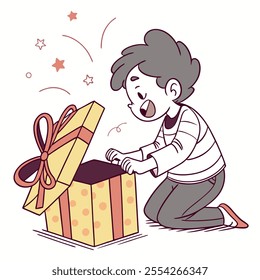 Doodle-style illustration of a child opening a gift, perfect for holiday, birthday, or Christmas-themed designs. Ideal for commercial use in festive promotions, children's products