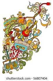 Doodle-style illustration consisting of music-related items.