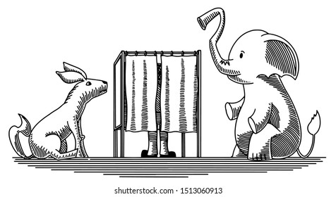 Doodle-style illustration of an election booth with a donkey and elephant waiting outside.
