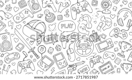 A doodle-style illustration featuring various gaming items like controllers, VR headsets, and consoles, symbolizing digital entertainment and technology.