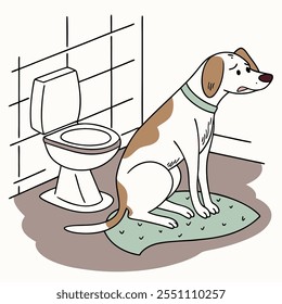 Ilustración de estilo Doodle de un perro divertido sentado en un inodoro, con un diseño humorístico y estrafalario, ideal para el Uso comercial en proyectos de marca, Mercancía y publicidad.