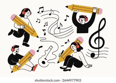 Doodle-style illustration of happy kids listening to music with headphones while holding giant pencils. Musical notes, guitar, and treble clef add a creative and joyful atmosphere. Great for music lea