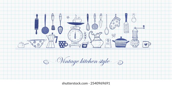 Doodle-style illustration of kitchen tools, including scales, utensils, mugs, and cookware in vintage style on graph paper.