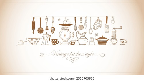 Doodle-style illustration of kitchen tools, including scales, utensils, mugs, and cookware in vintage style.