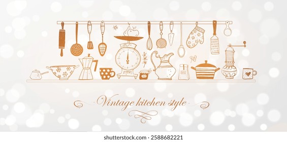 Doodle-style illustration of kitchen tools, including scales, utensils, mugs, and cookware in vintage style on white shimmering background.