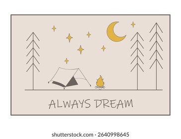 Doodle-style illustration on the theme of camping. Tent and campfire in the forest. tourism and recreation. outdoor recreation Vector illustration