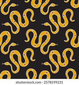 Doodle-style illustration of a snake on a black background, symbolizing the upcoming 2025 year in the Chinese zodiac. Seamless pattern, design for wrapping paper, scrapbooking, textile