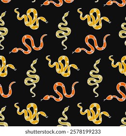 Doodle-style illustration of a snake on a black background, symbolizing the upcoming 2025 year in the Chinese zodiac. Seamless pattern, design for wrapping paper, scrapbooking, clothing, etc.