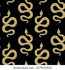 Doodle-style illustration of a snake on a black background, symbolizing the upcoming 2025 year in the Chinese zodiac. Seamless pattern, design for wrapping paper, scrapbooking, textile