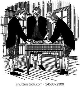 Doodle-style illustration of three men signing the Declaration of Independence in 1776.