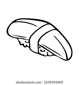 A doodle-style illustration of various sushi pieces, nigiri, rolls, and sashimi. Hand-drawn with cute, whimsical details. For Asian food-themed designs and patterns