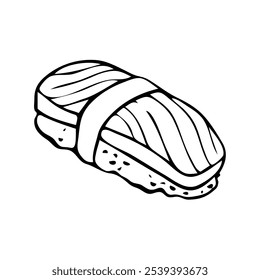 A doodle-style illustration of various sushi pieces, nigiri, rolls, and sashimi. Hand-drawn with cute, whimsical details. For Asian food-themed designs and patterns