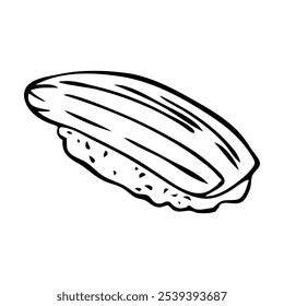 A doodle-style illustration of various sushi pieces, nigiri, rolls, and sashimi. Hand-drawn with cute, whimsical details. For Asian food-themed designs and patterns