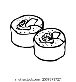A doodle-style illustration of various sushi pieces, nigiri, rolls, and sashimi. Hand-drawn with cute, whimsical details. For Asian food-themed designs and patterns