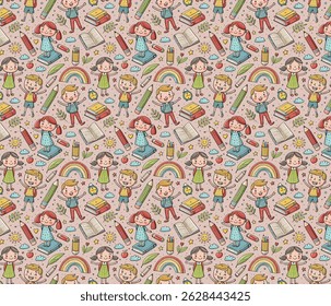 Doodle-style kids back-to-school vector pattern with books, pencils, and happy cartoon characters.