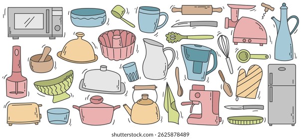Coleção de utensílios de cozinha estilo Doodle com preenchimentos de cor pastel macio. Ideal para embalagens de alimentos, ilustrações de receitas e projetos com temas de cozinha acolhedores.