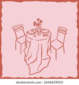 Ilustração em estilo Doodle da arte da linha de um jantar romântico. Apresenta elementos como uma mesa para dois, copos de vinho, velas, flores e refeições chapeadas em uma atmosfera acolhedora.